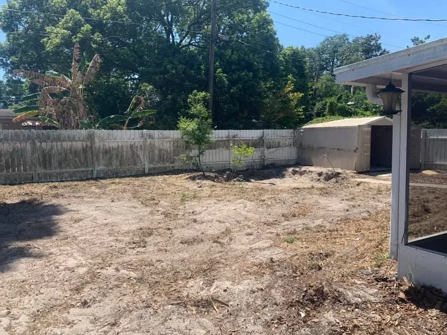 Land grading in a Tampa Bay backyard: the ground cleared and graded down to bare sand after a structure removal